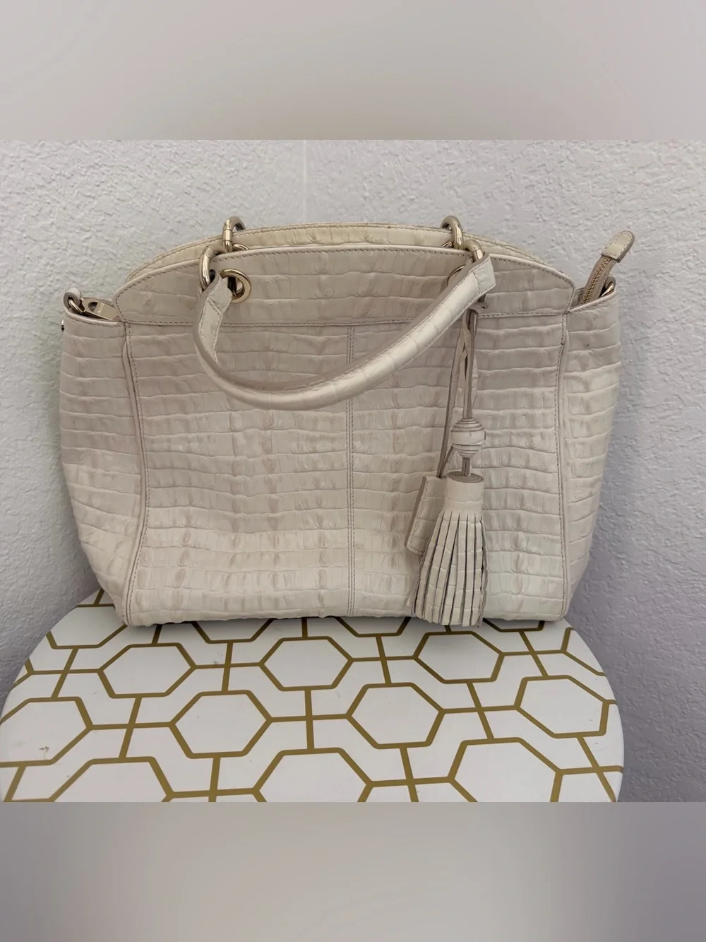 Brahmin Cream Croc-Embossed Tote with Tassel